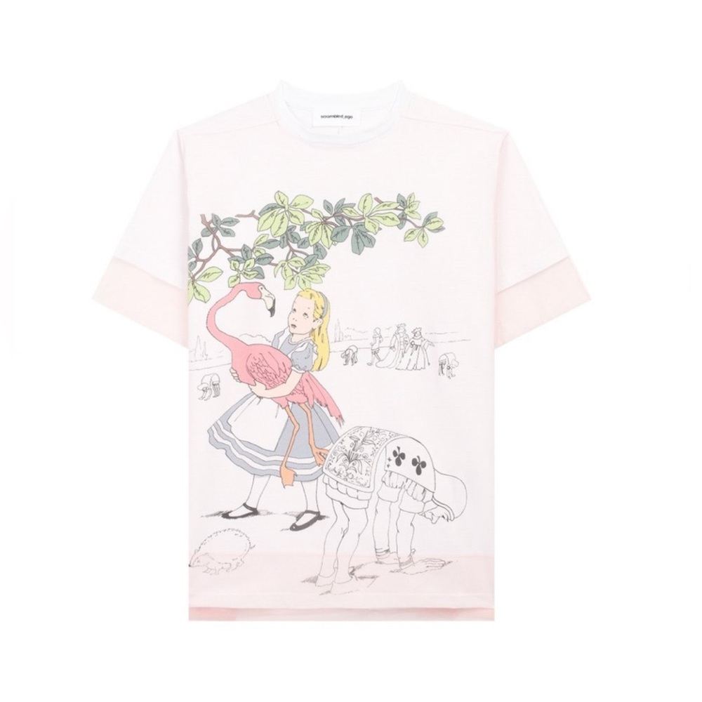 Scrambled Ego Women T-shirt Top Pink Mesh Alice in Wonderland Graphic Print Sz M - Picture 2 of 10